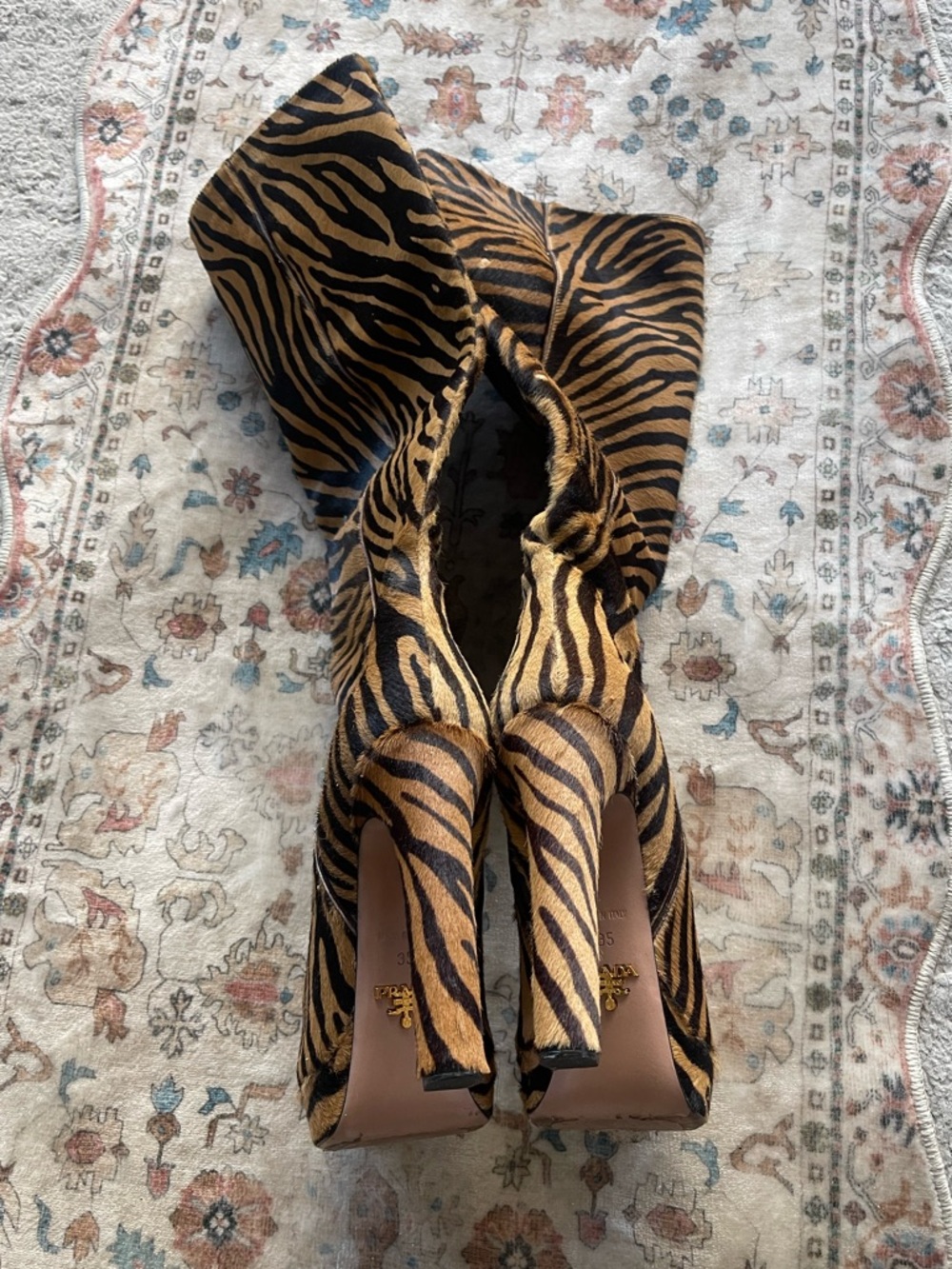 Prada Brown and Black Zebra-Print Knee High Pony Hair Platform Boots - Picture 8 of 13